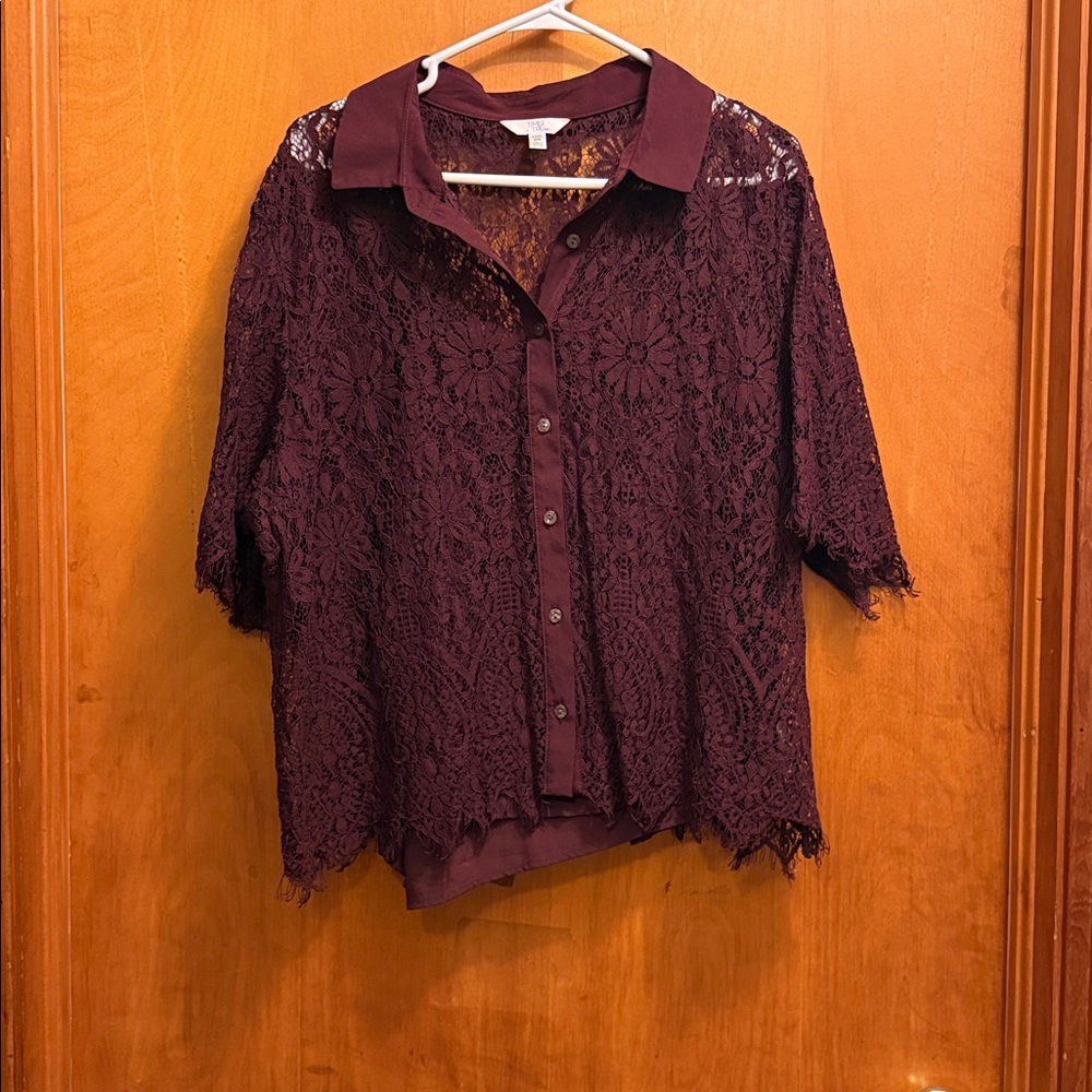 Time and Tru Burgundy Lace Button-Down Shirt